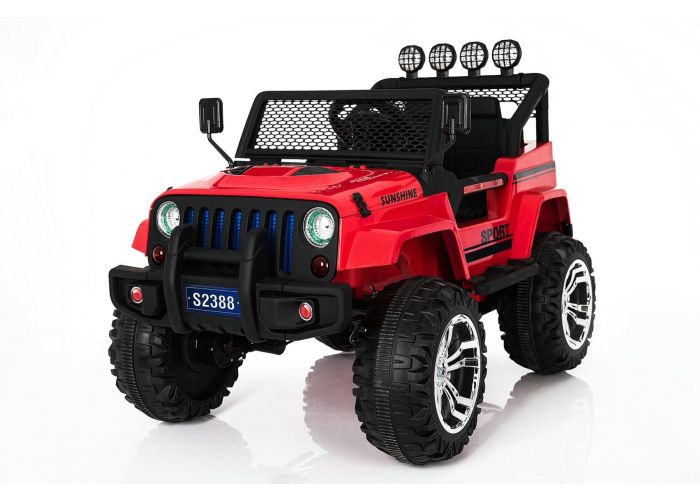 Monster Jeep elektrische kinderauto rood zijkant